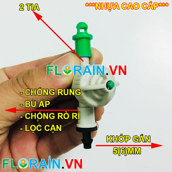 Đầu tưới phun mưa 2 tia cắm ống 6mm Florain tưới rau, cây cảnh, hoa lan