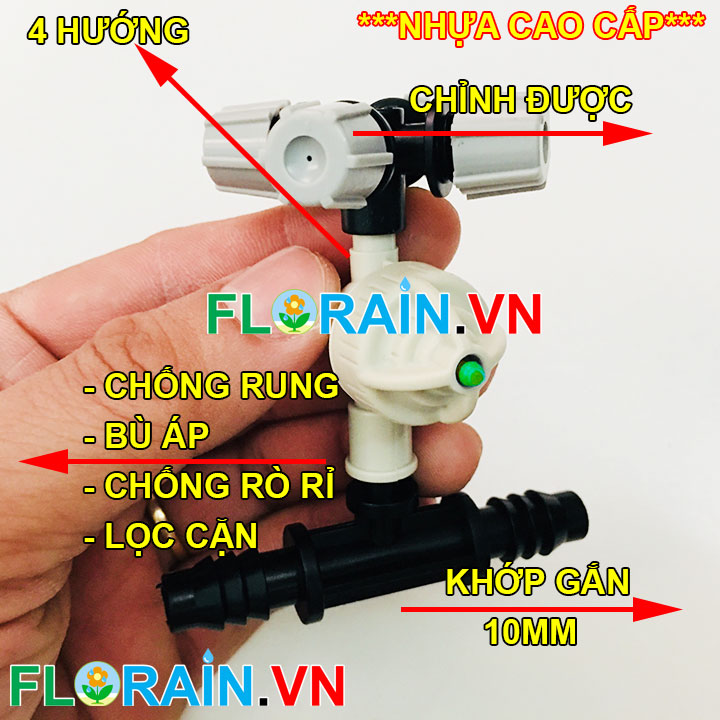 Béc phun sương 4 đầu xám gắn 2 đầu 10mm Florain