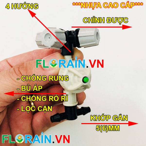 Béc phun sương 4 đầu xám gắn 2 đầu 6mm Florain