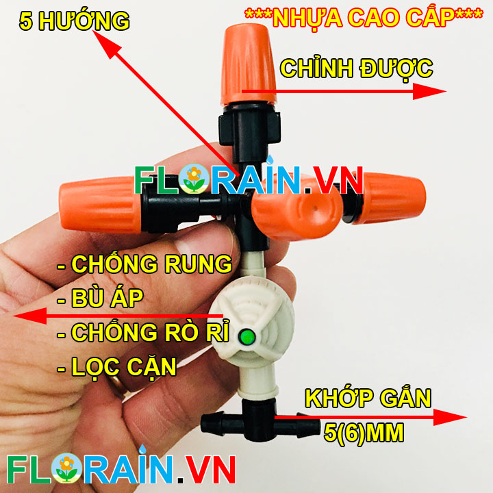 Béc phun sương 5 hướng cam gắn 2 đầu 6mm Florain