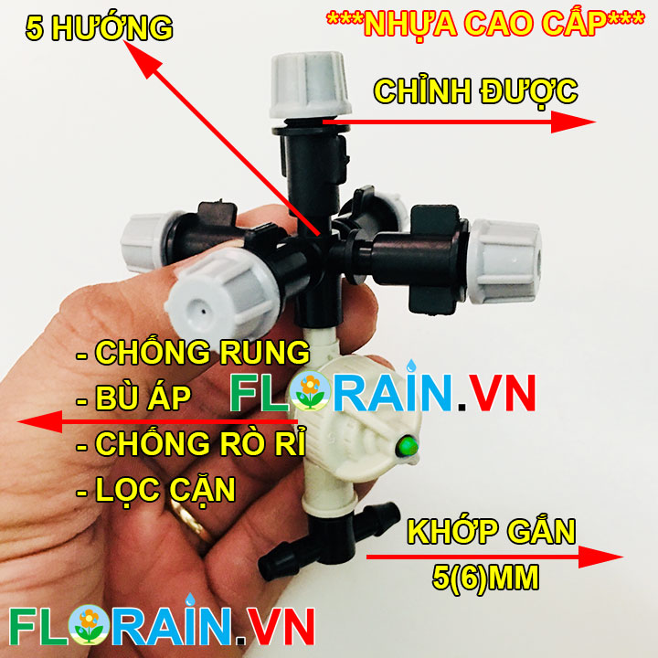 Đầu tưới phun sương 5 tia xám gắn 2 đầu 6mm Florain