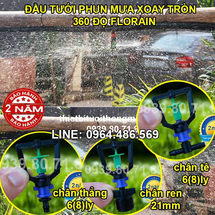 Béc phun mưa xoay tròn 360 độ gắn ống 6mm Florain