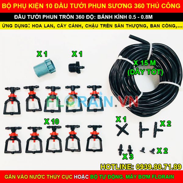 Bộ tưới phun sương 360 độ 10 đầu Florain thủ công