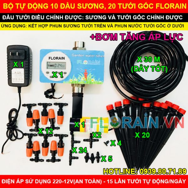 Bộ tưới tự động 20 đầu cắm gốc 10 đầu phun sương Florain