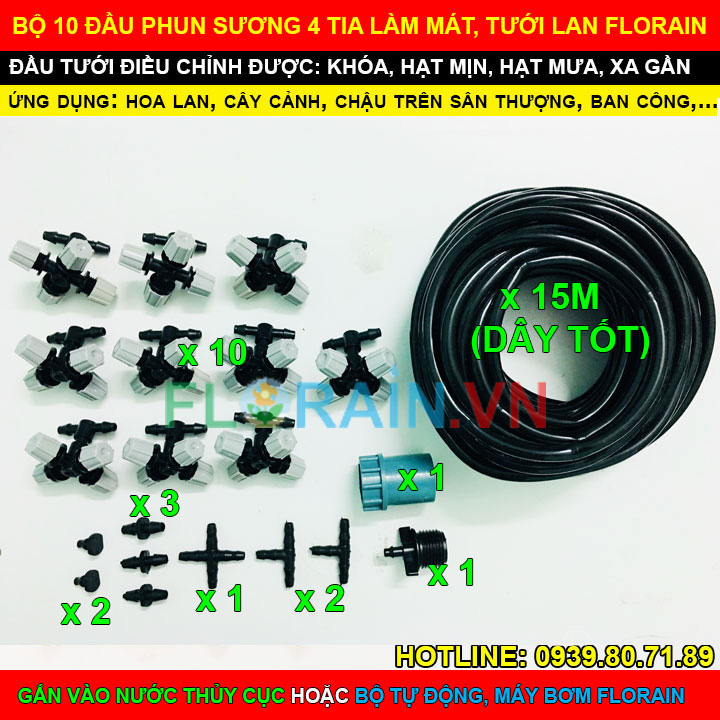 Bộ kit 10 đầu phun sương làm mát tưới lan Florain