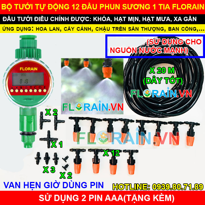 Thiết bị phun sương tưới lan tự động dùng pin FLorain 