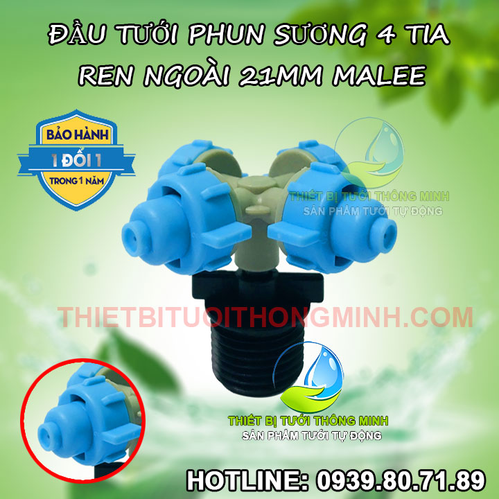 Đầu vòi tưới phun sương 4 tia FL-S4T chân ren ngoài 21mm gắn ống PVC