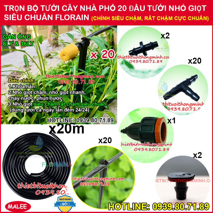 Bộ 20 đầu tưới cây nhỏ giọt siêu chậm dưa lưới rau hoa hồng cây cảnh Florain NG-03